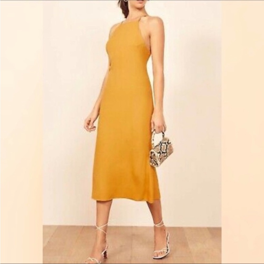 Reformation Ochre Yellow Gold mustard ROMAN high neck midi.